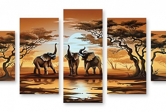 Модульная картина "Слоны на водопое" интернен-магазин Мнекартину