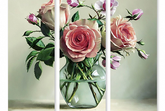 Модульная картина "Пышные розы в стеклянной вазе" интернен-магазин Мнекартину